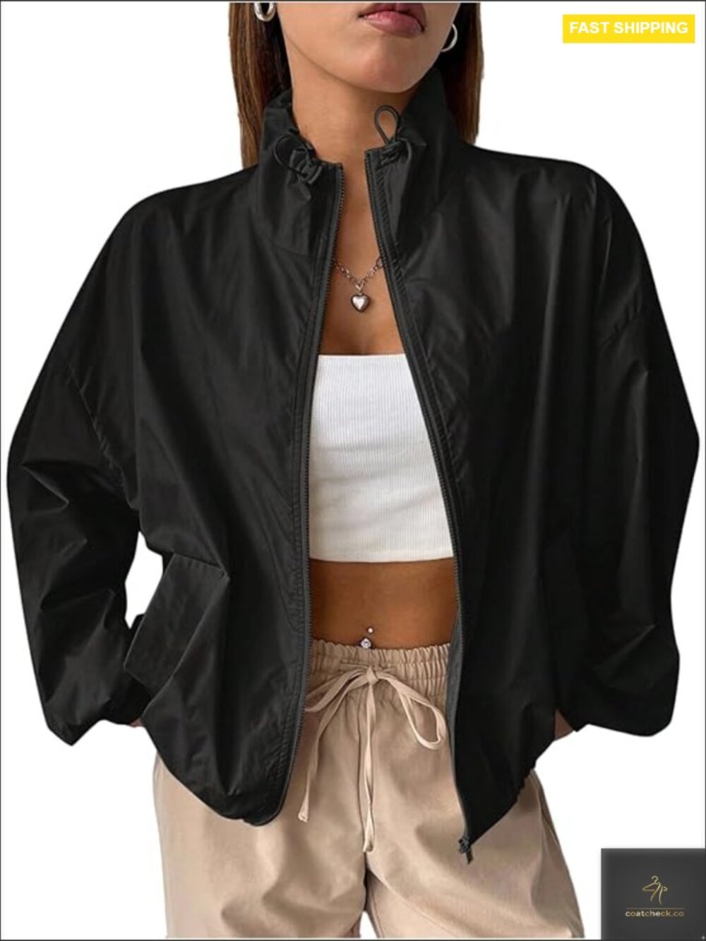 Lightweight Windbreaker Jacket Zip Up Drawstring Drop Shoulder Casual Outerwear